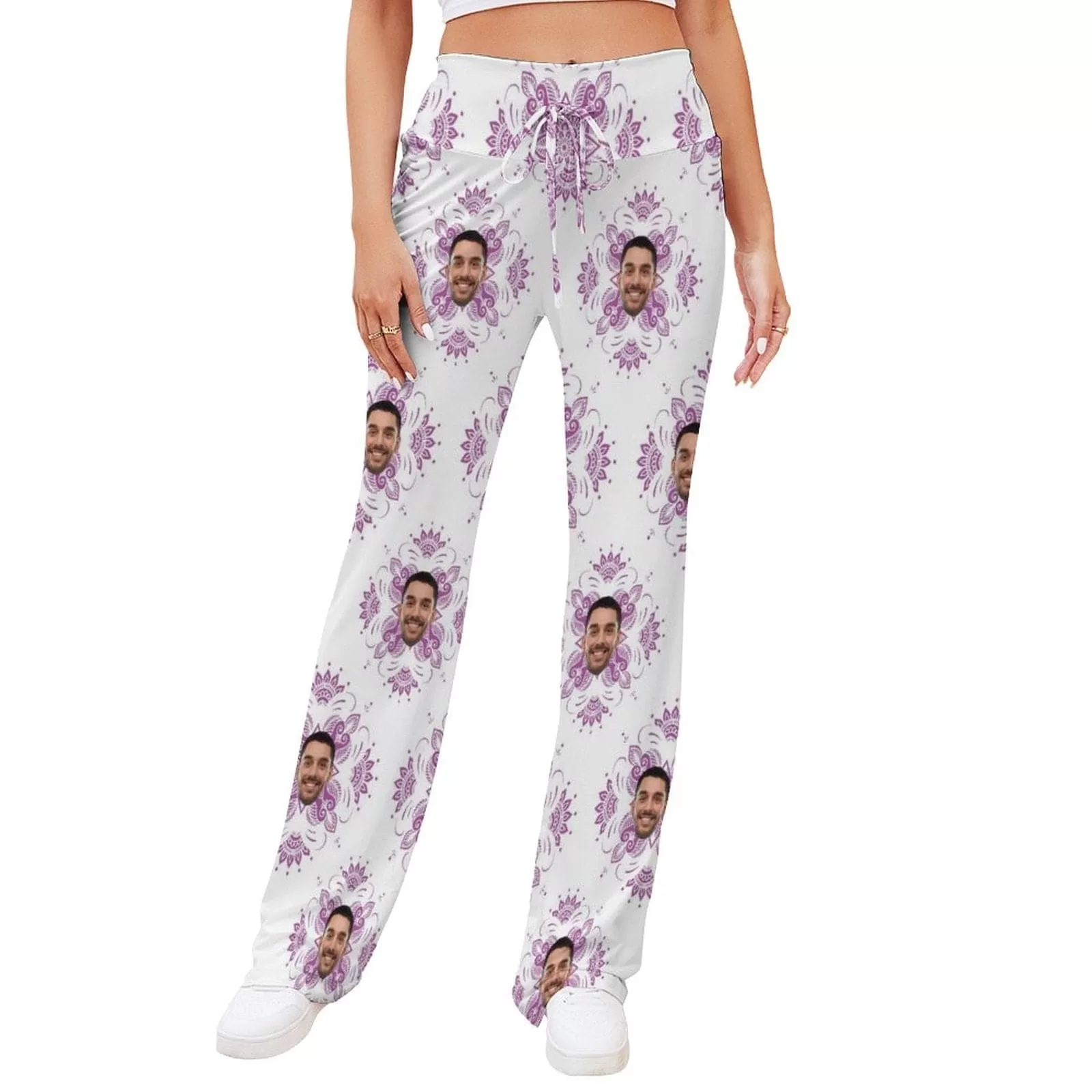 Custom Face Purple Flower Women's Straight-Leg Loose Comfy Drawstring Pants for Yoga Running Sporting