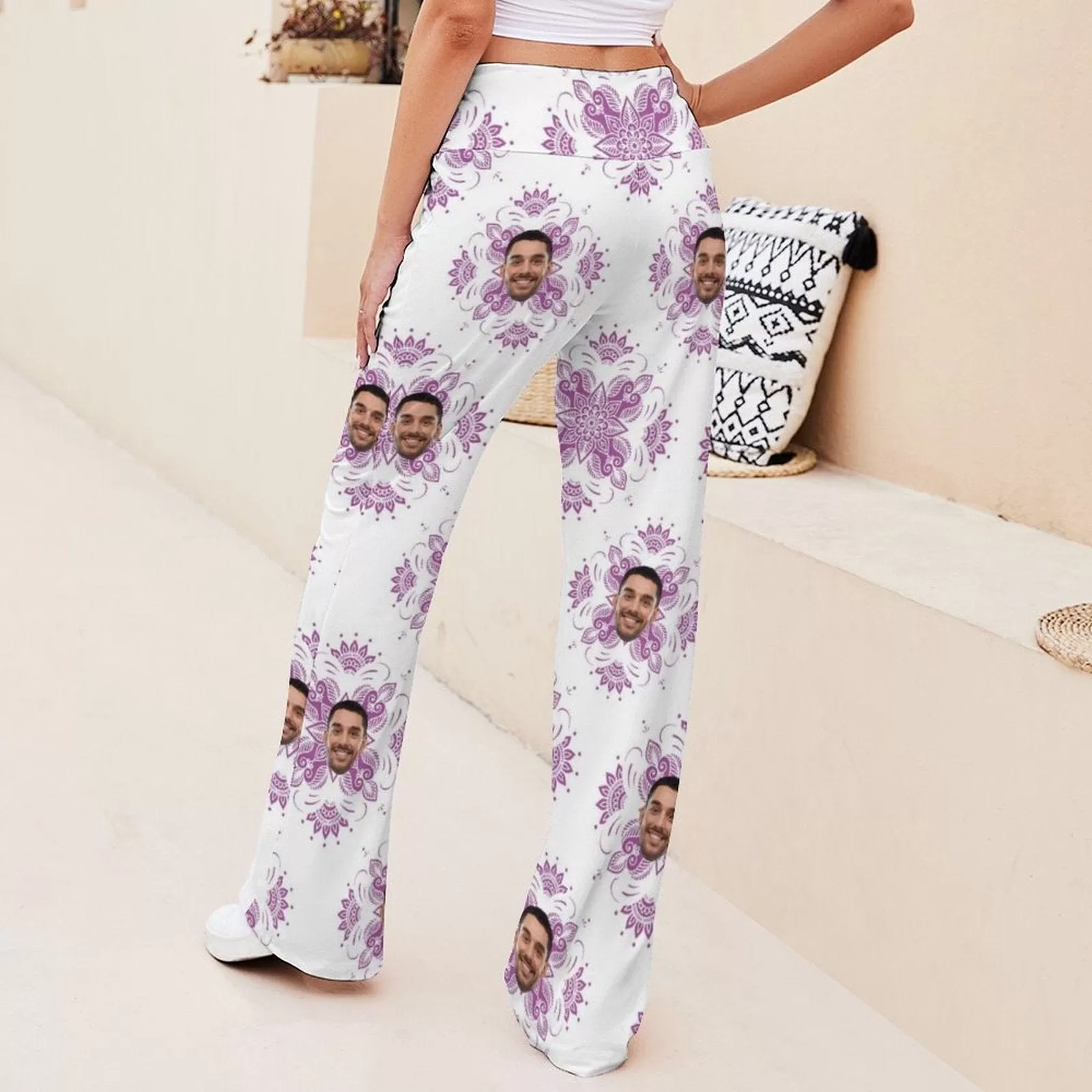 Custom Face Purple Flower Women's Straight-Leg Loose Comfy Drawstring Pants for Yoga Running Sporting