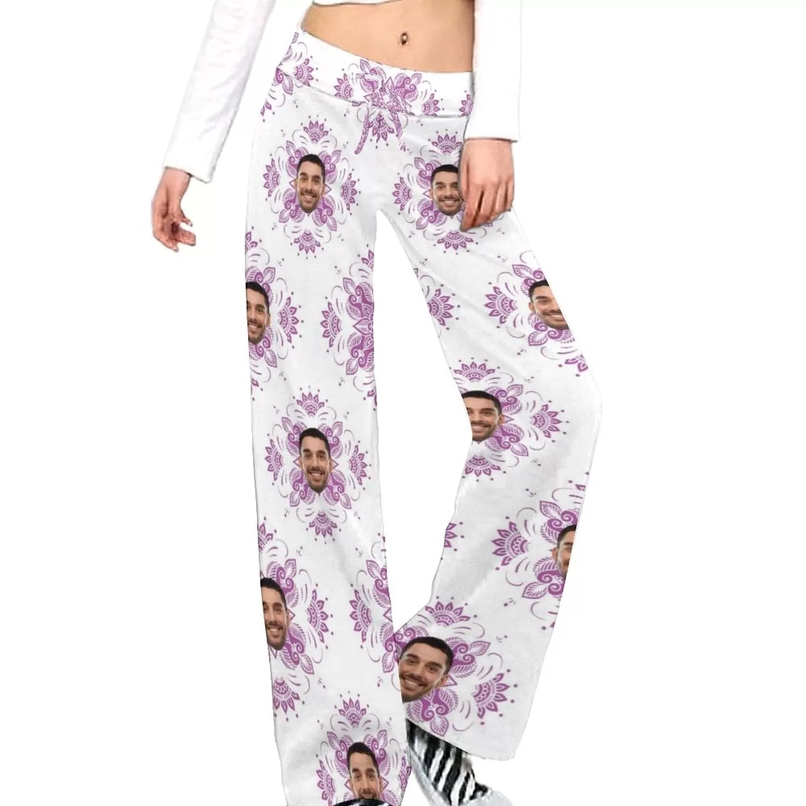 Custom Face Purple Flower Women's Straight-Leg Loose Comfy Drawstring Pants for Yoga Running Sporting