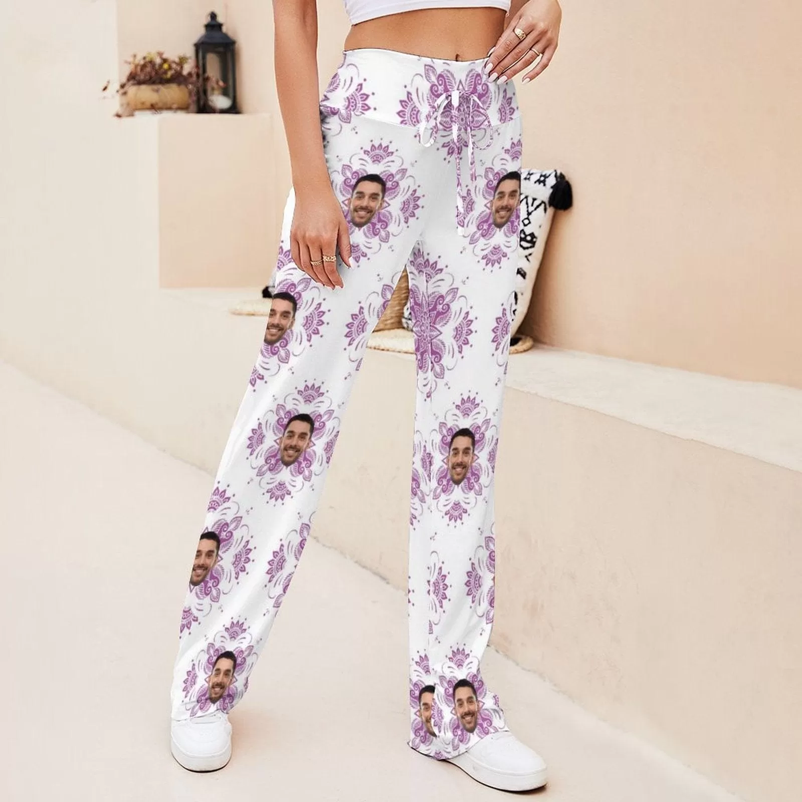 Custom Face Purple Flower Women's Straight-Leg Loose Comfy Drawstring Pants for Yoga Running Sporting