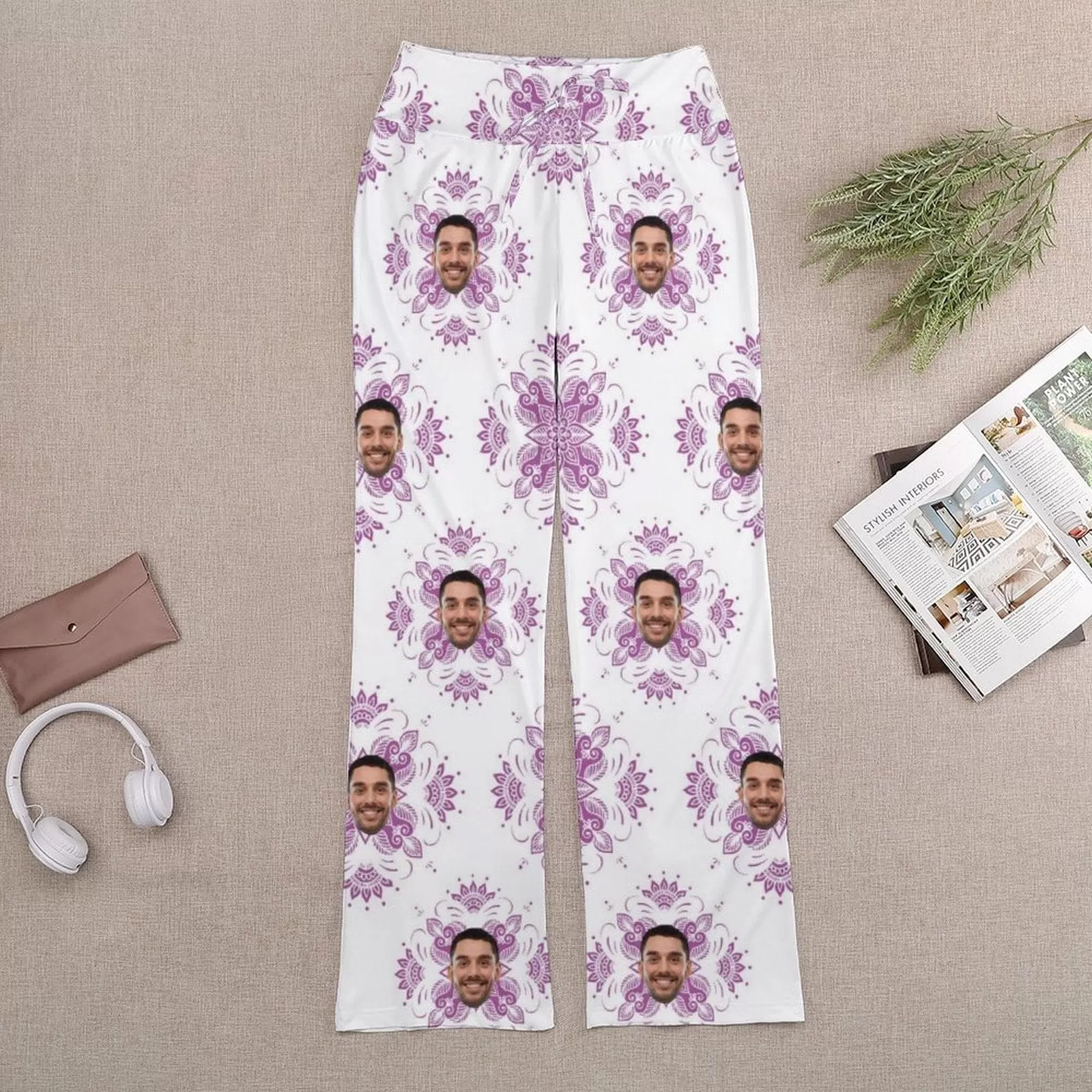 Custom Face Purple Flower Women's Straight-Leg Loose Comfy Drawstring Pants for Yoga Running Sporting