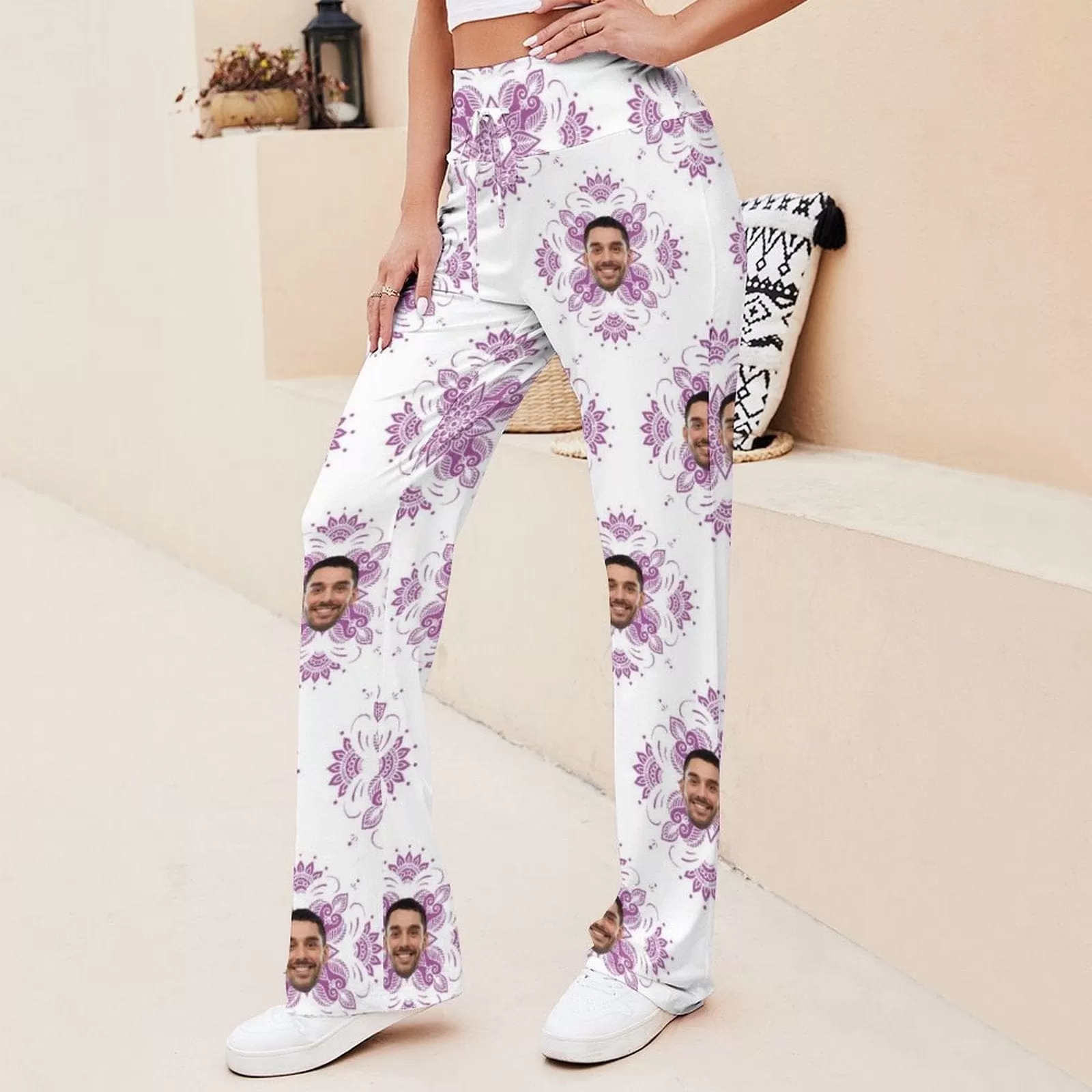 Custom Face Purple Flower Women's Straight-Leg Loose Comfy Drawstring Pants for Yoga Running Sporting