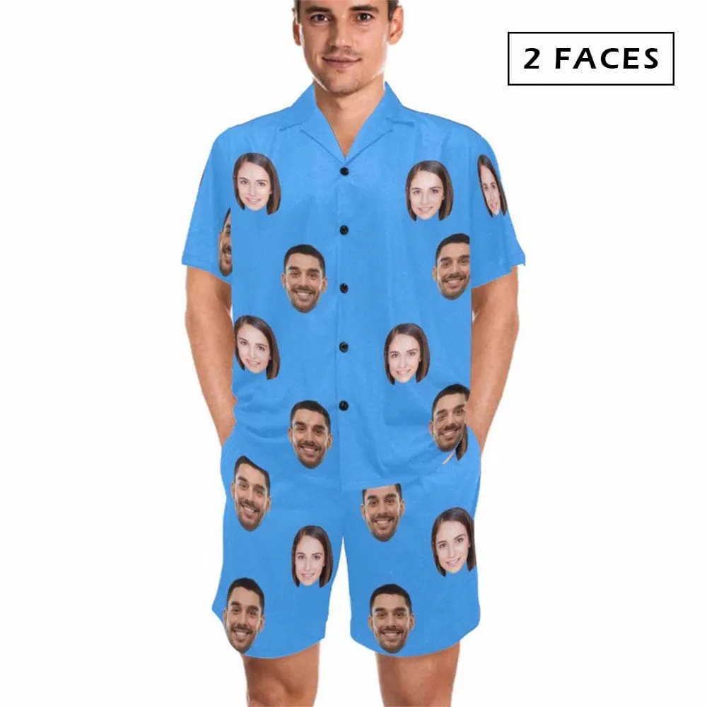 Custom Lover Face Pajamas for Him Summer Loungewear Personalized Men's V-Neck Short Sleeve Pajama Set