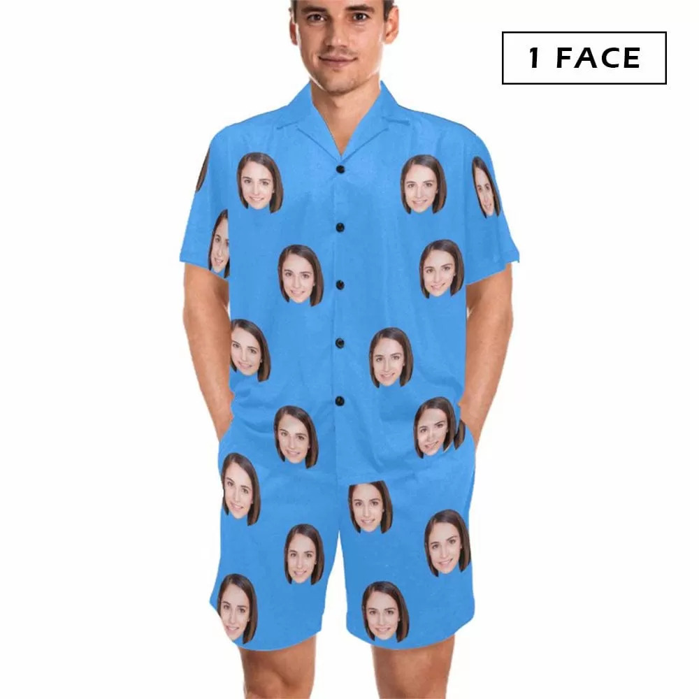 Custom Lover Face Pajamas for Him Summer Loungewear Personalized Men's V-Neck Short Sleeve Pajama Set