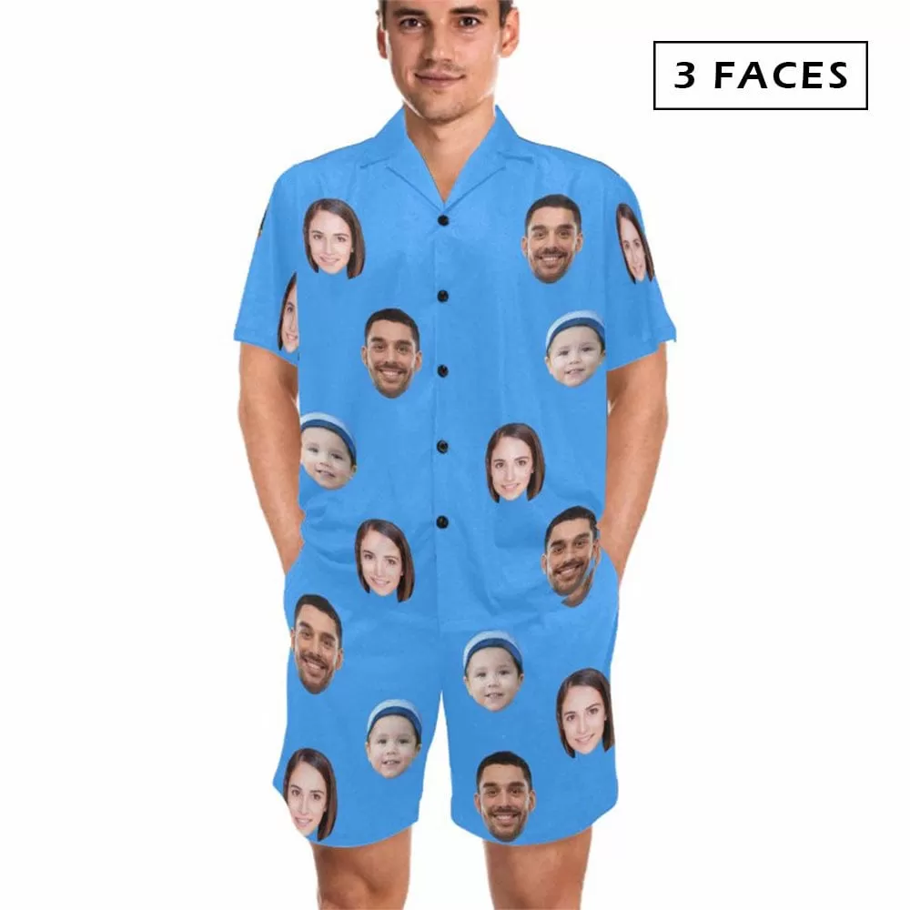 Custom Lover Face Pajamas for Him Summer Loungewear Personalized Men's V-Neck Short Sleeve Pajama Set