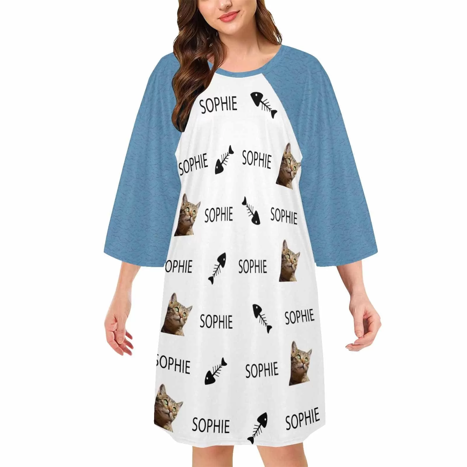 Custom Pet Face&Name Paw Bone Pajamas for Women's Oversized Sleep Tee Personalized Women's Loose Nightshirt Sleepwear