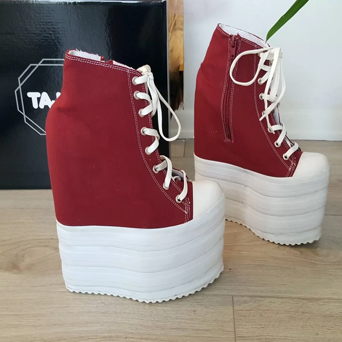 Dark Red Lace Up Sport Style 18-22 cm Platform Wedge Booties