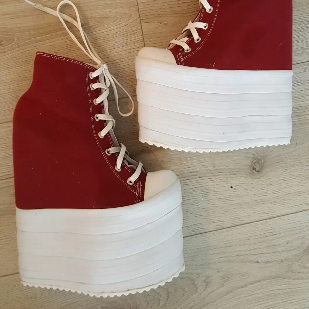 Dark Red Lace Up Sport Style 18-22 cm Platform Wedge Booties