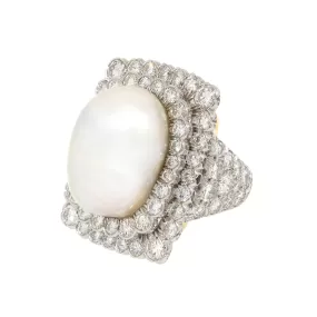 David Webb Pearl & Diamond Platinum Baroque Cocktail Ring