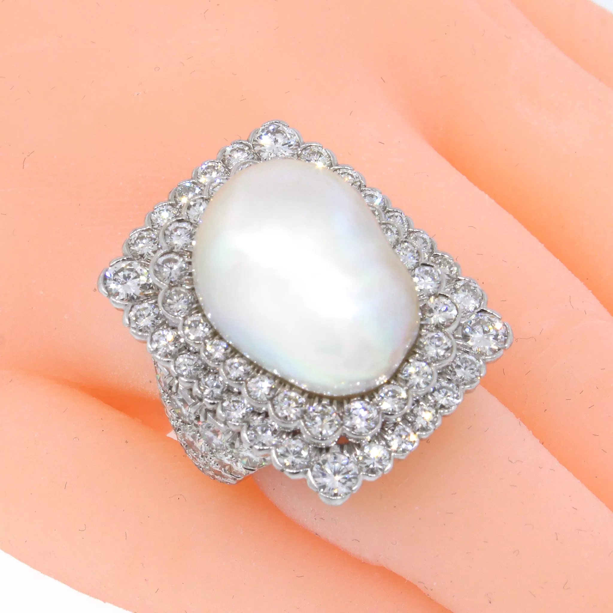 David Webb Pearl & Diamond Platinum Baroque Cocktail Ring