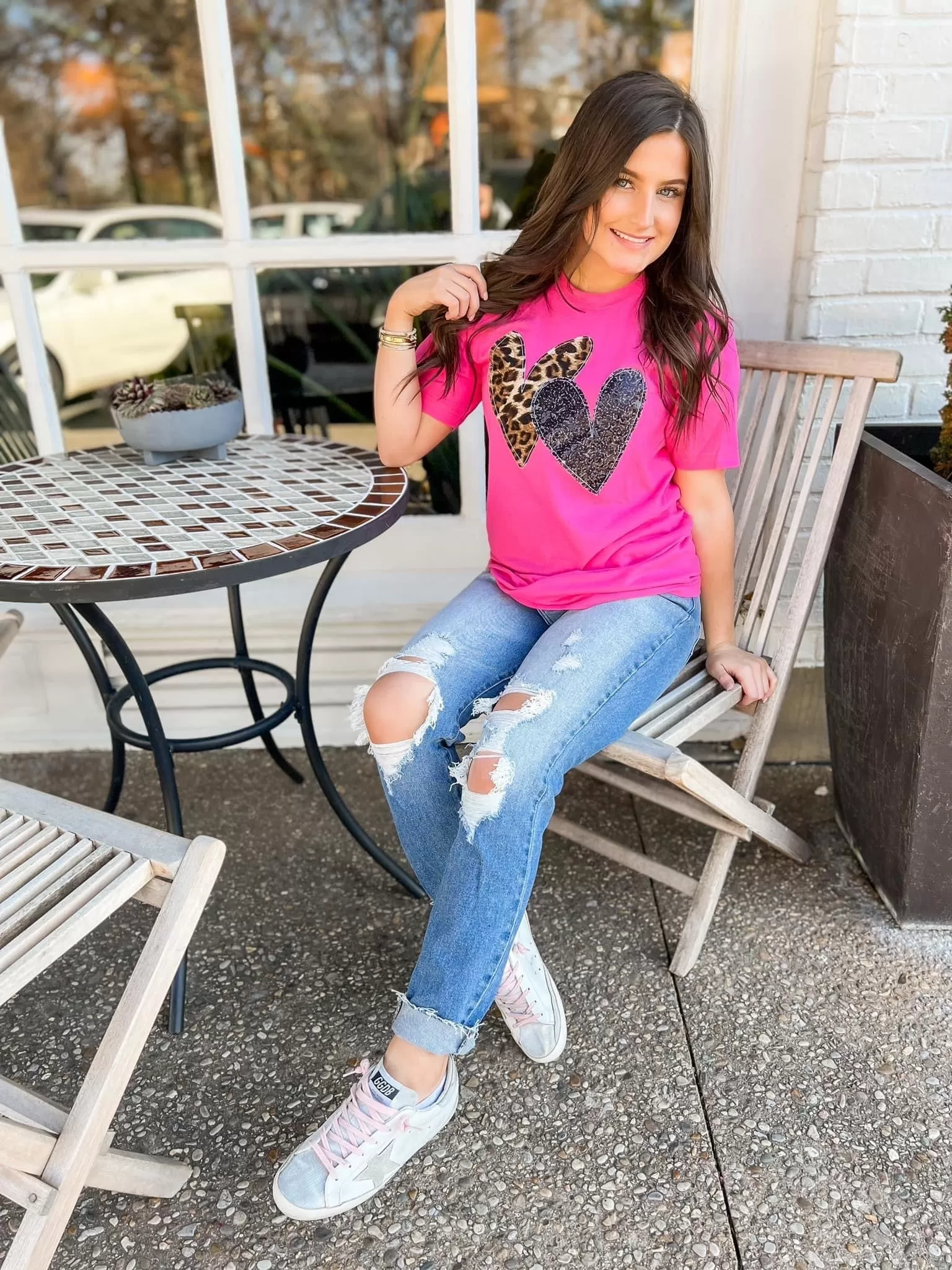 {DOUBLE LOVE} Appliqued Leopard   Black Sequins Hearts Fuchsia Pink Crew Neck Tee