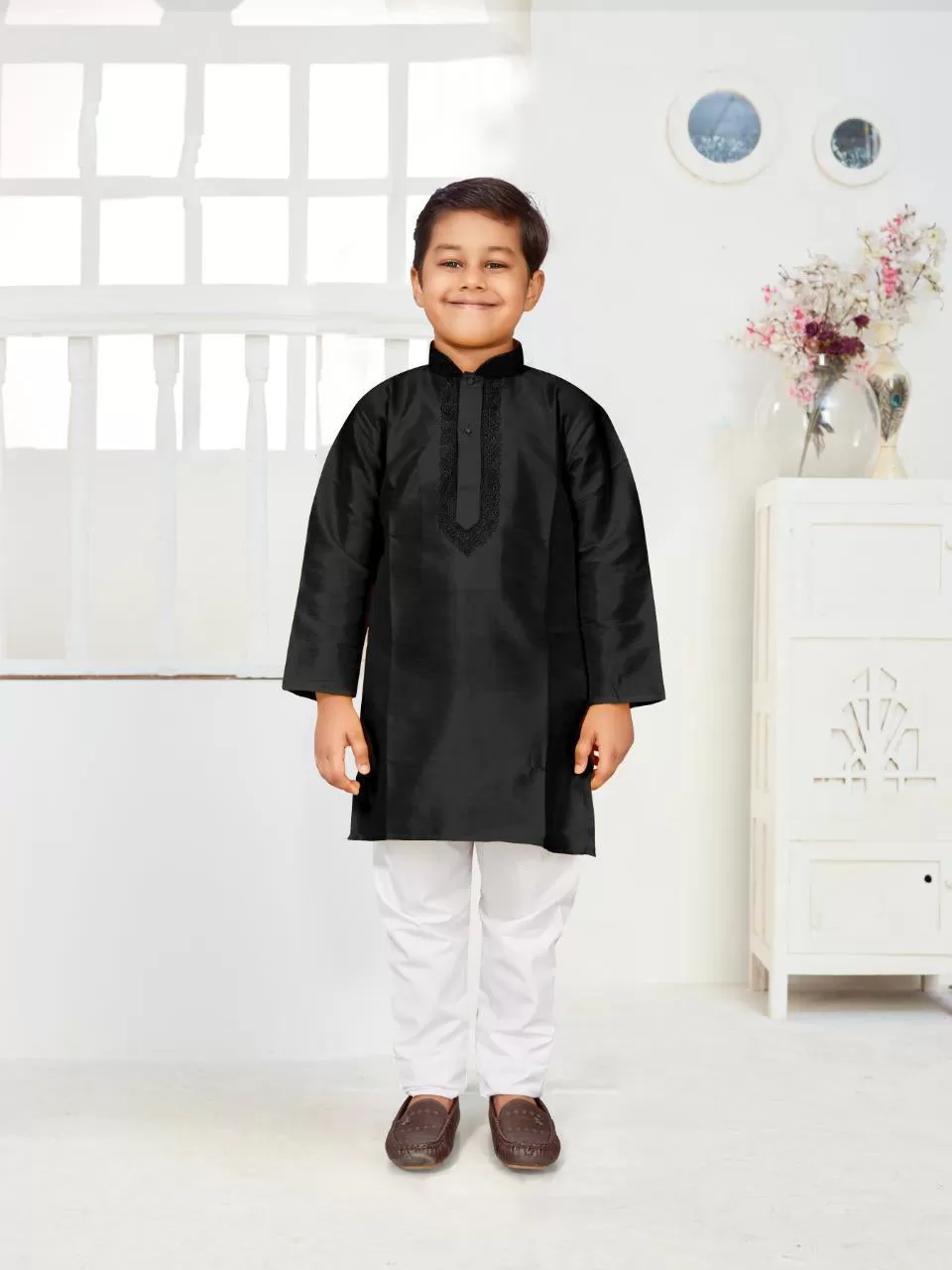 Dupion Silk Kid's Kurta with Pajama Set - Black