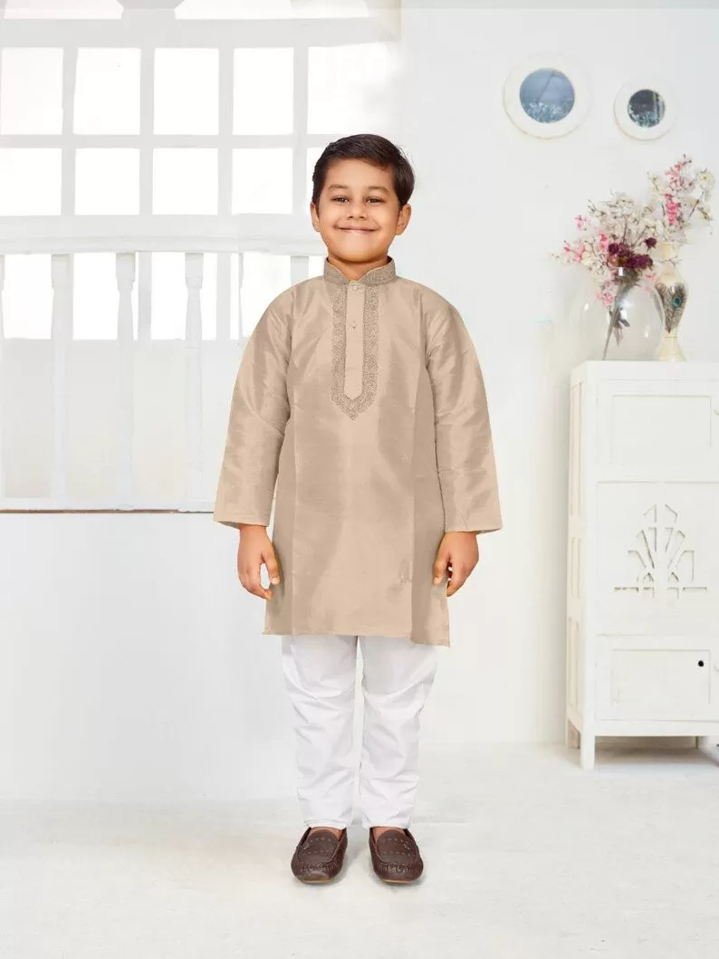 Dupion Silk Kid's Kurta with Pajama Set - Peach