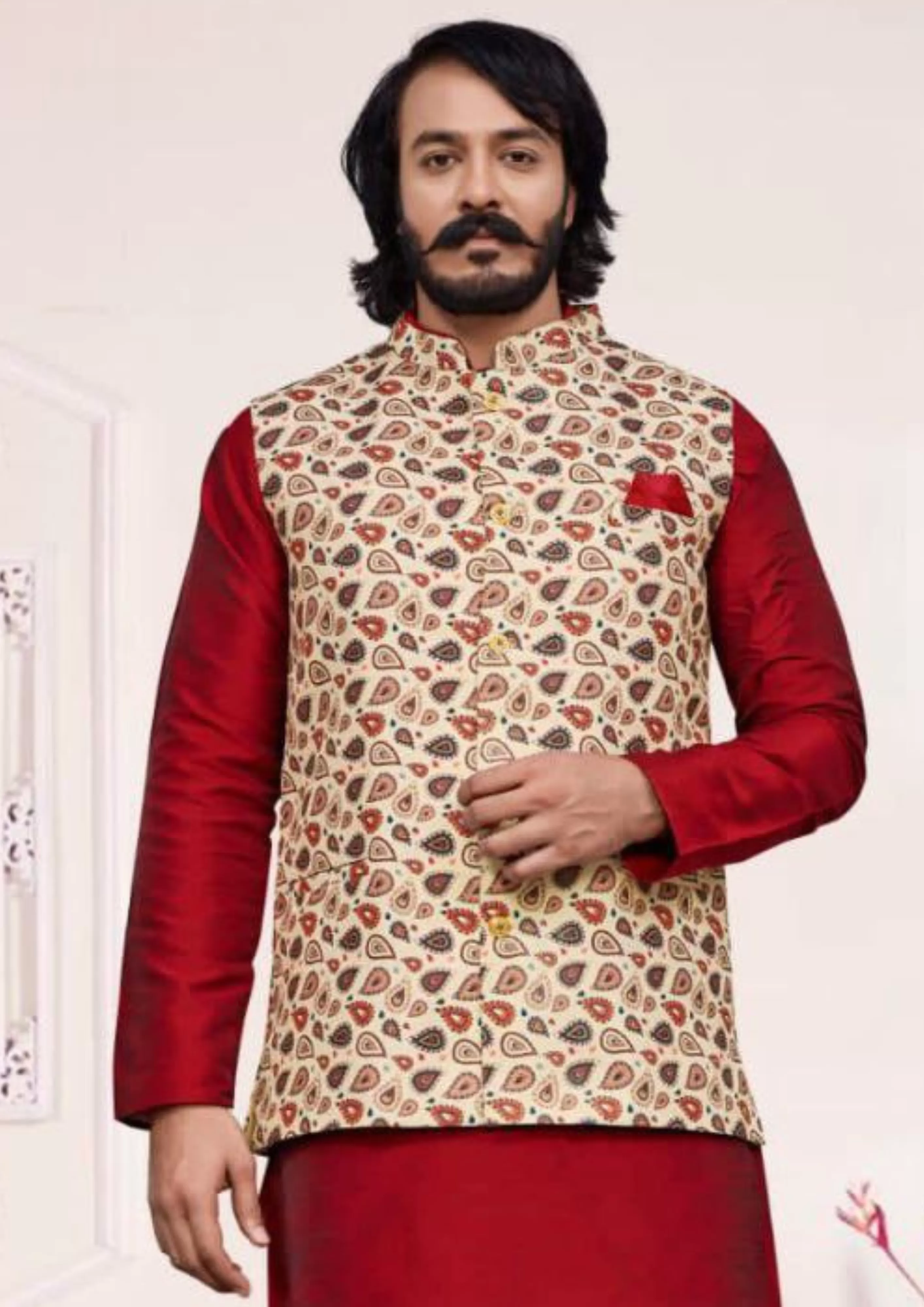 Elegant Maroon Color Digital Print Work With Silk Kurta And Pajama With Jacket