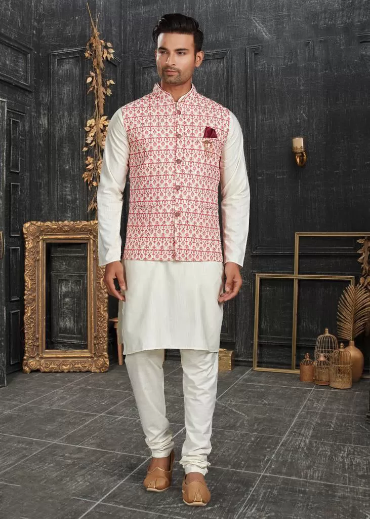 Elegant Pink Colored Cotton Kurta Pajama With Jacket Sets For Men