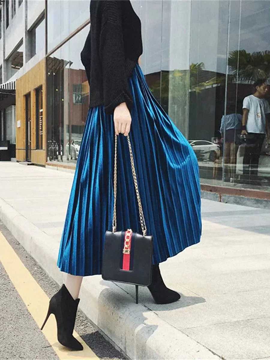 Elegant Pleated High Waist Women's Midi Skirt in Velvety Gold and Royal Blue for Winter