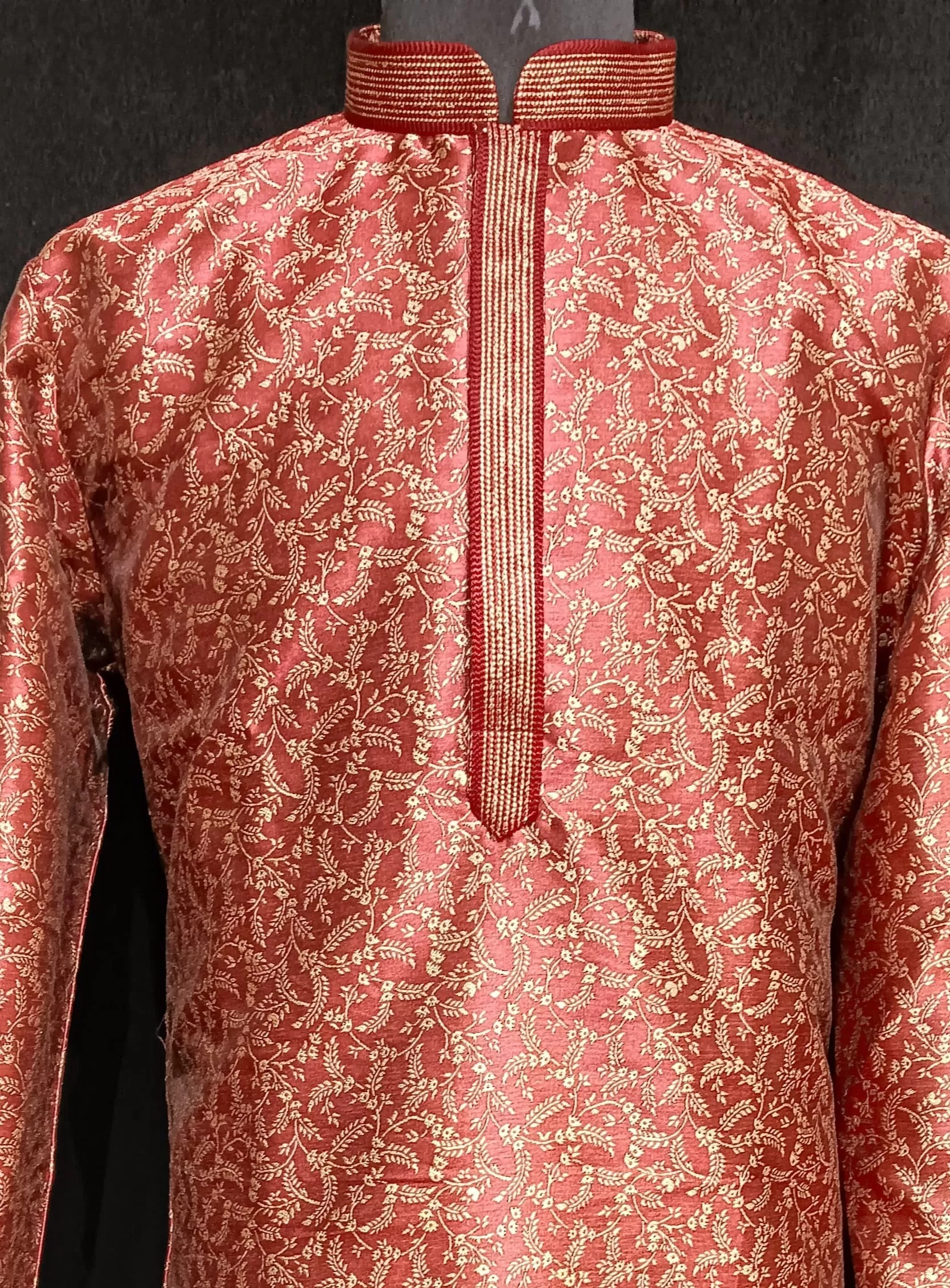 Elegant Red Colored Brocade Printed Work Kurta Pajama Sets For Men