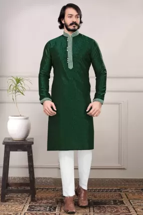 Embroidered Men's Pure Jacquard Cotton Silk Kurta Pajama Set In Green