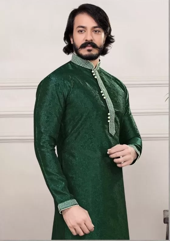 Embroidered Men's Pure Jacquard Cotton Silk Kurta Pajama Set In Green