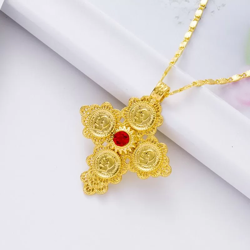 Ethiopian Cross Coin Pendant: Gold Colored Wedding Jewelry with Cultural Significance