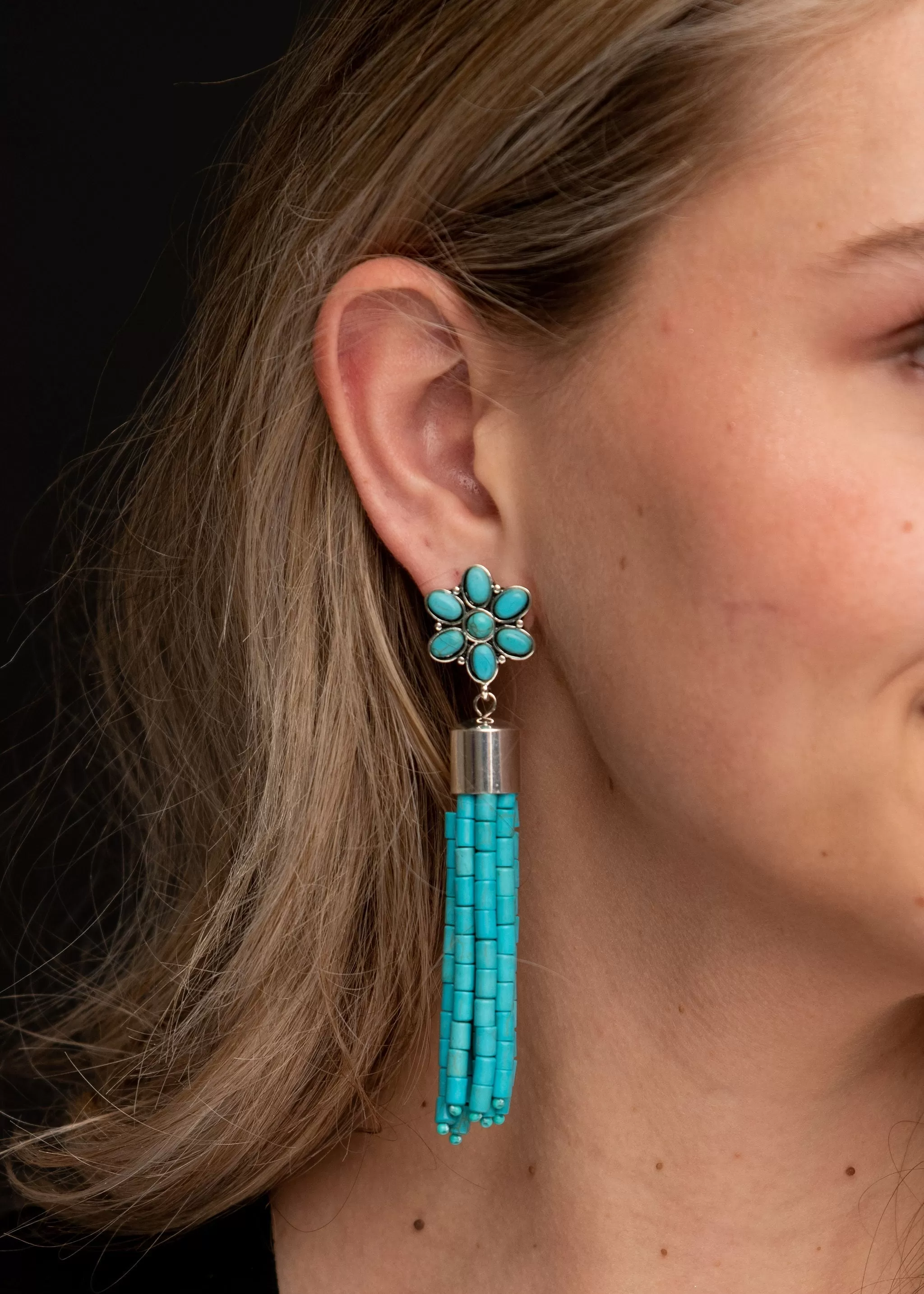 Floral Post and Turquoise Tassel Earrings