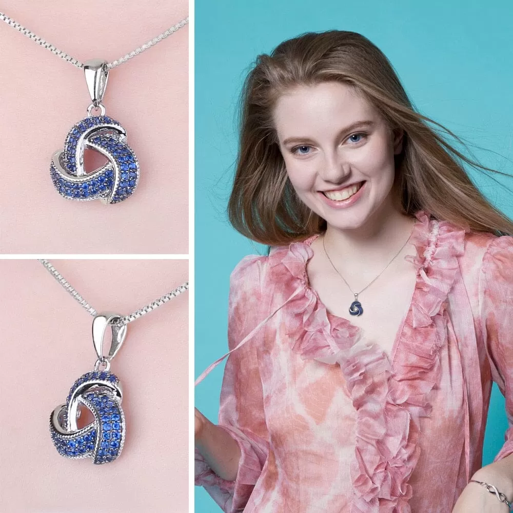 Flower Knot Created Blue Sapphire Pendant - 925 Sterling Silver (No Chain)