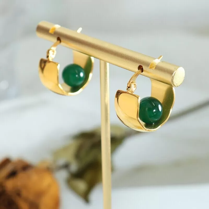 French High-end Emerald Green Natural Beads U Shaped Stainless steel Earrings