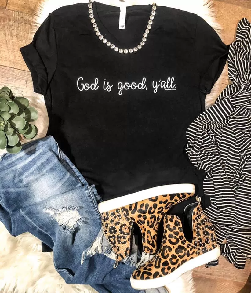 {GOD IS GOOD, Y'ALL} Super Soft Black V-Neck Tee