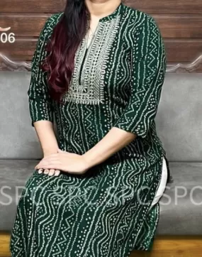 Green Bandhani Cotton Rayon Kurti