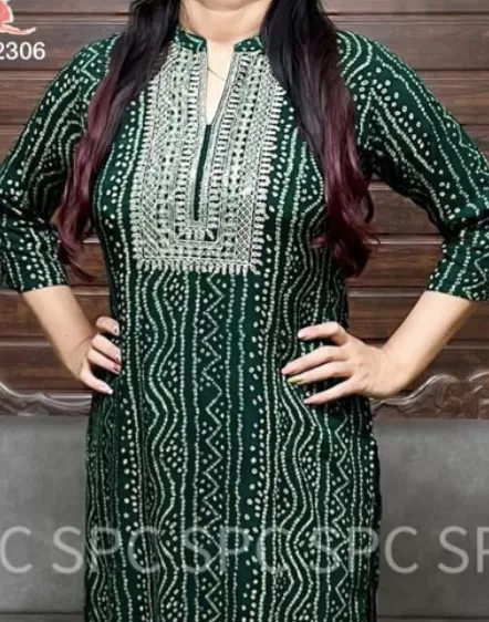 Green Bandhani Cotton Rayon Kurti