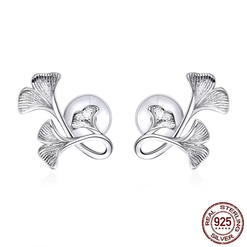 GZ239 - Ginkgo Leaf Stud Earrings - 925 Sterling Silver Charm Jewelry