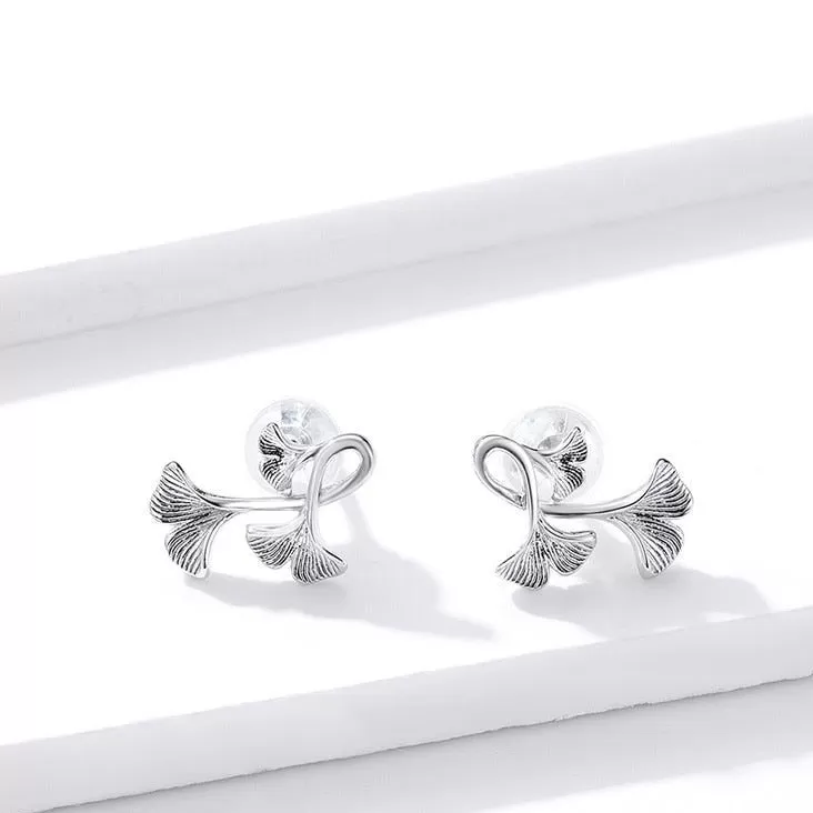 GZ239 - Ginkgo Leaf Stud Earrings - 925 Sterling Silver Charm Jewelry