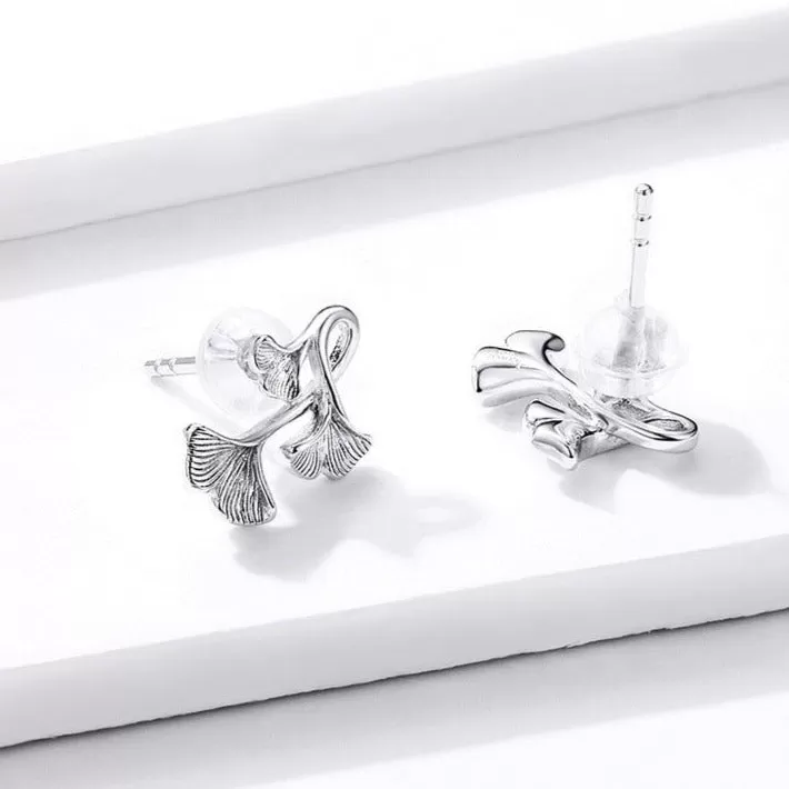 GZ239 - Ginkgo Leaf Stud Earrings - 925 Sterling Silver Charm Jewelry