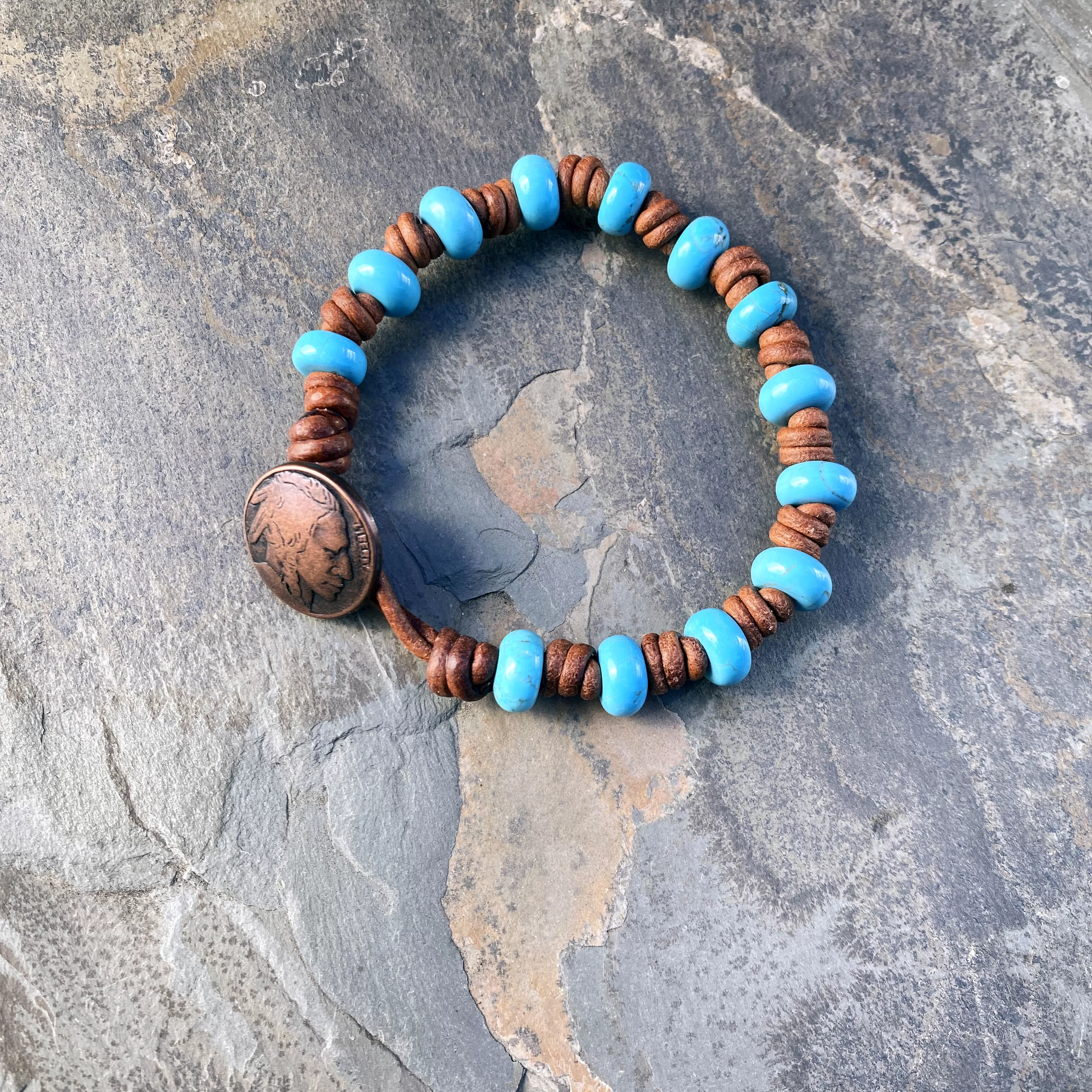 Hand knotted Leather Gemstone Bracelets with Replica of Indian Head Nickel