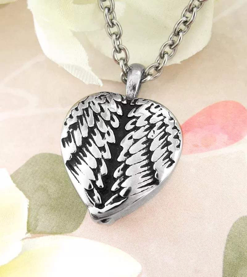 Heart-Shaped Angel Wing Urn Necklace - Stainless Steel