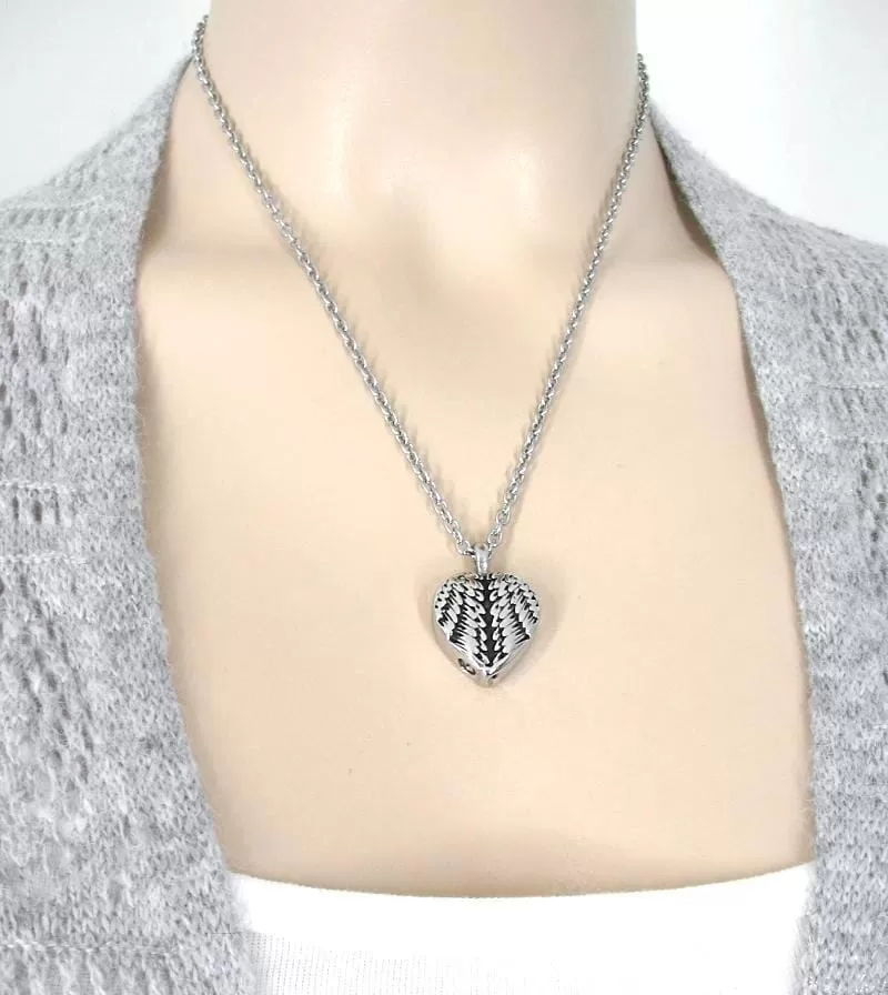 Heart-Shaped Angel Wing Urn Necklace - Stainless Steel