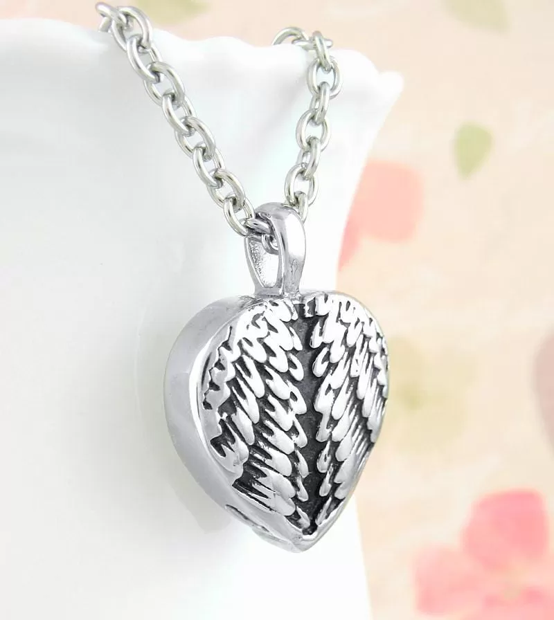 Heart-Shaped Angel Wing Urn Necklace - Stainless Steel