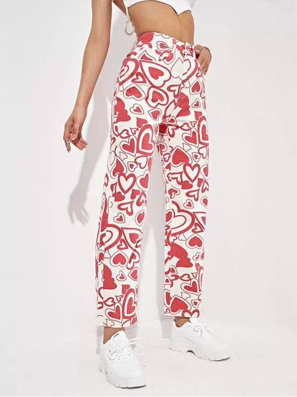 Hearts Print Loose Denim Trousers