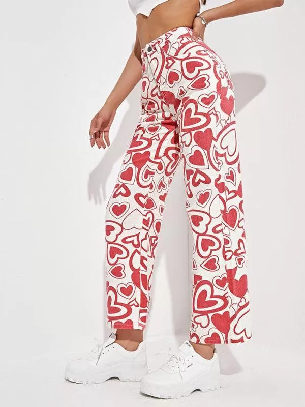 Hearts Print Loose Denim Trousers