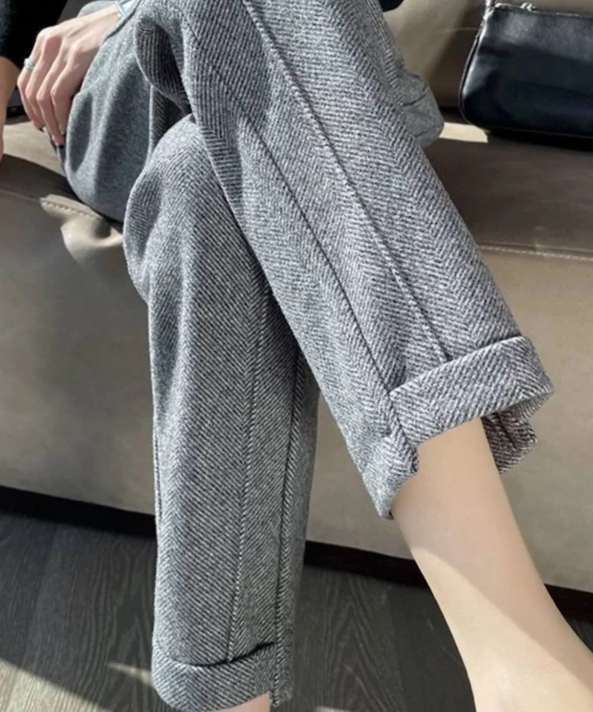 Herringbone Knit High Waist Ankle Trousers