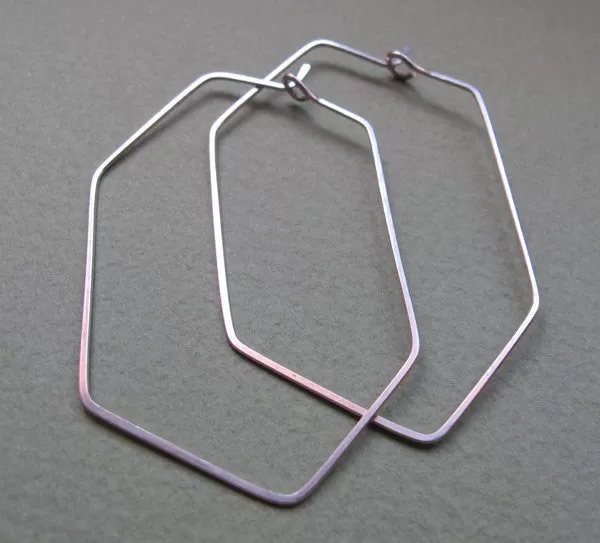 Hexagon Geometric Sterling Silver Hoops - Long Polygon Hoops