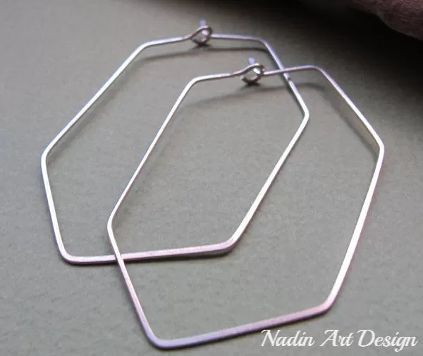 Hexagon Geometric Sterling Silver Hoops - Long Polygon Hoops