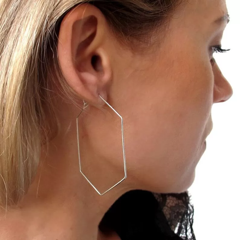 Hexagon Geometric Sterling Silver Hoops - Long Polygon Hoops