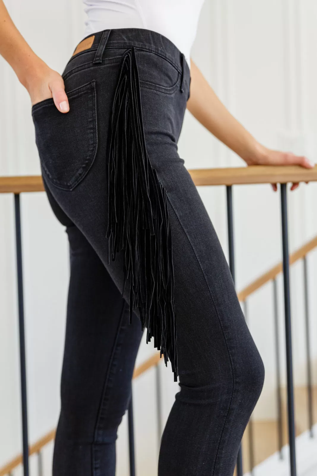 Hilary Side Fringe Skinny Jegging In Black LD23