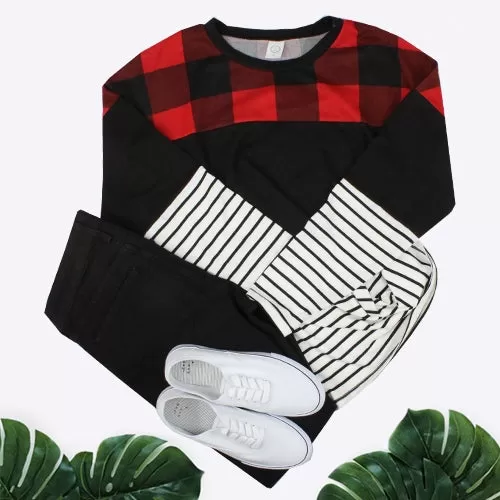 {HOLIDAY MIXER} Red   Black Plaid, Black   Stripes Colorblock Long Sleeve Top