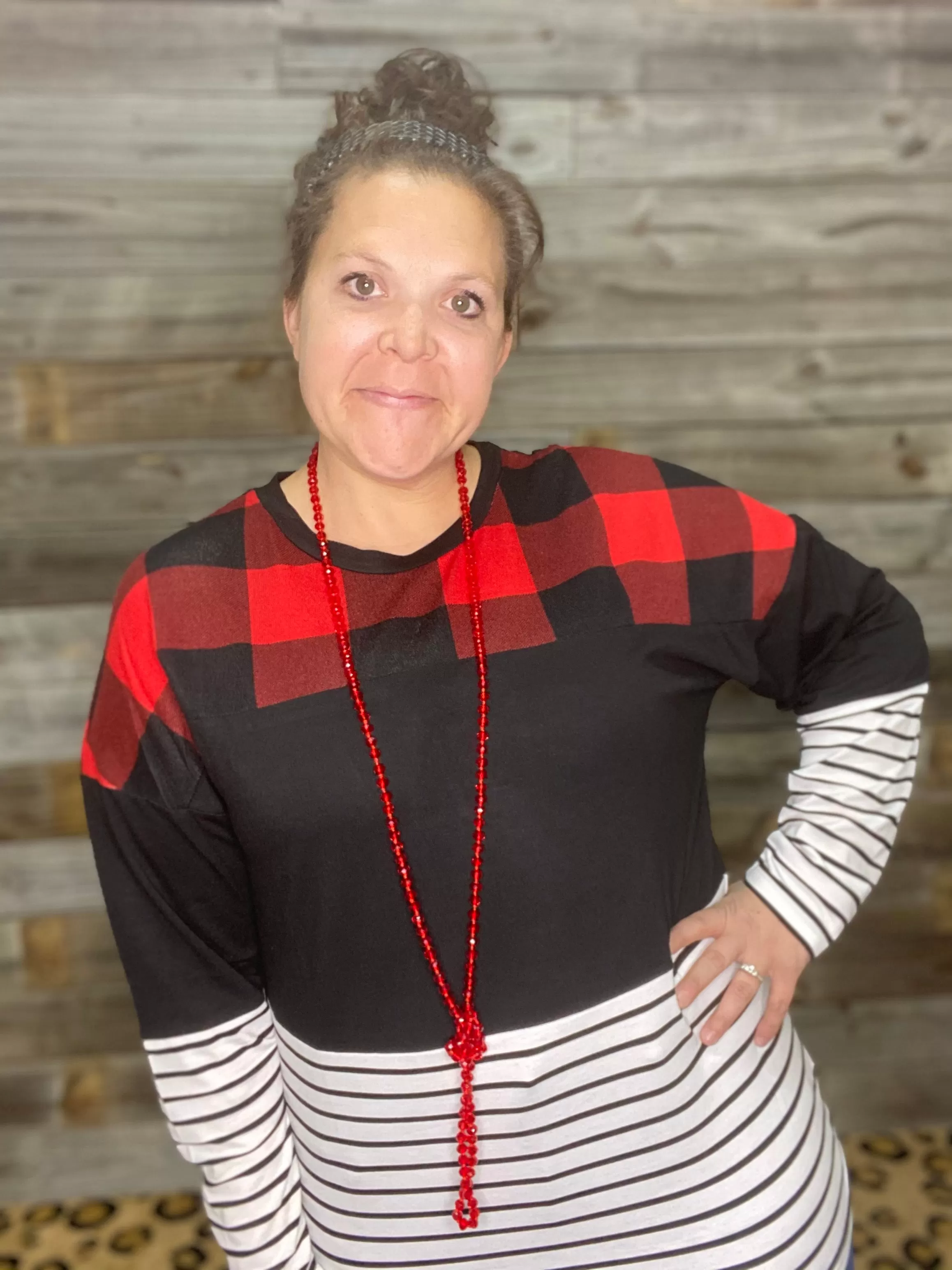 {HOLIDAY MIXER} Red   Black Plaid, Black   Stripes Colorblock Long Sleeve Top