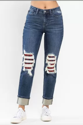 Judy Blue Buffalo Plaid Destroyed Knee Boyfriend Jeans