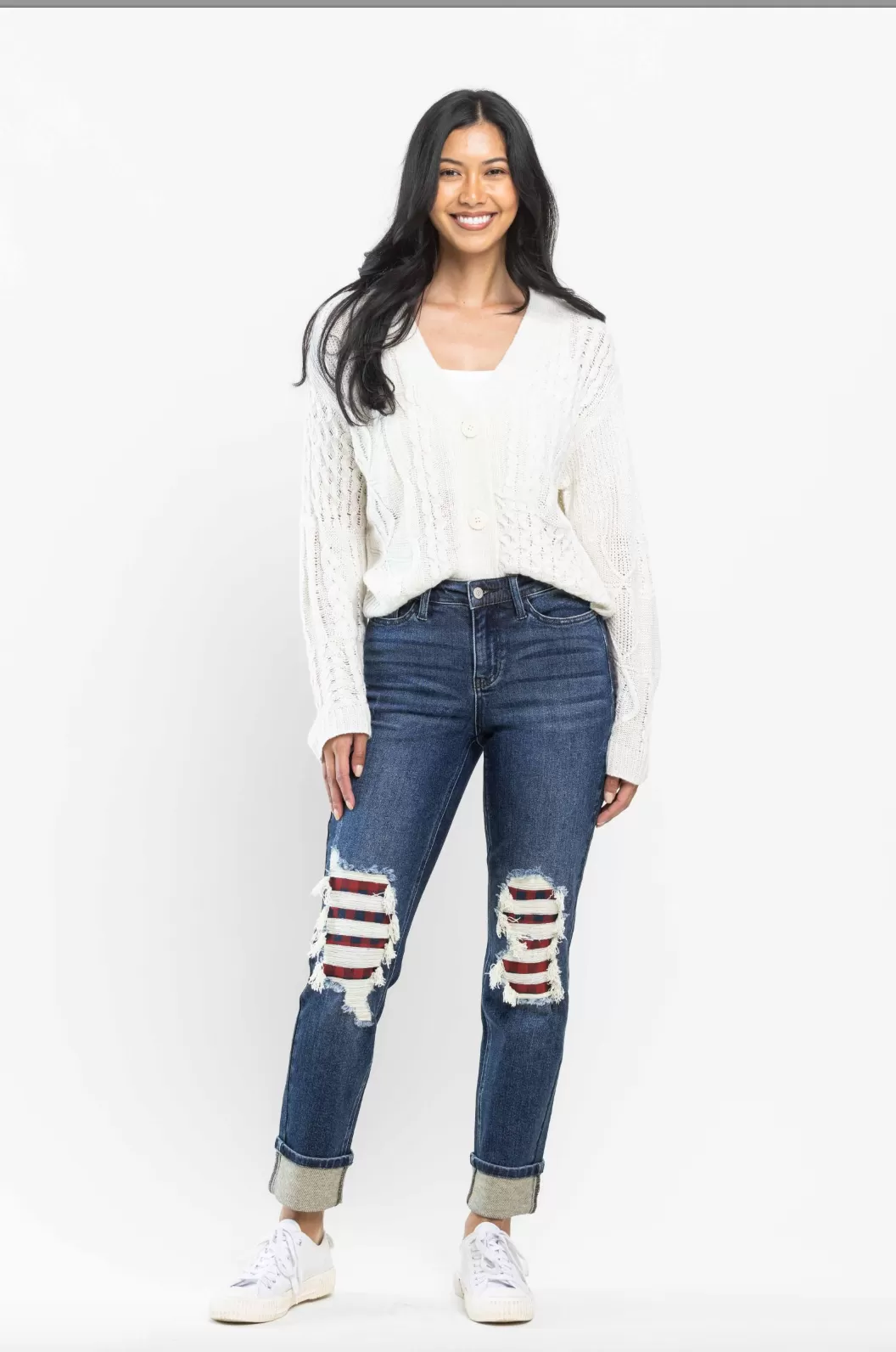 Judy Blue Buffalo Plaid Destroyed Knee Boyfriend Jeans