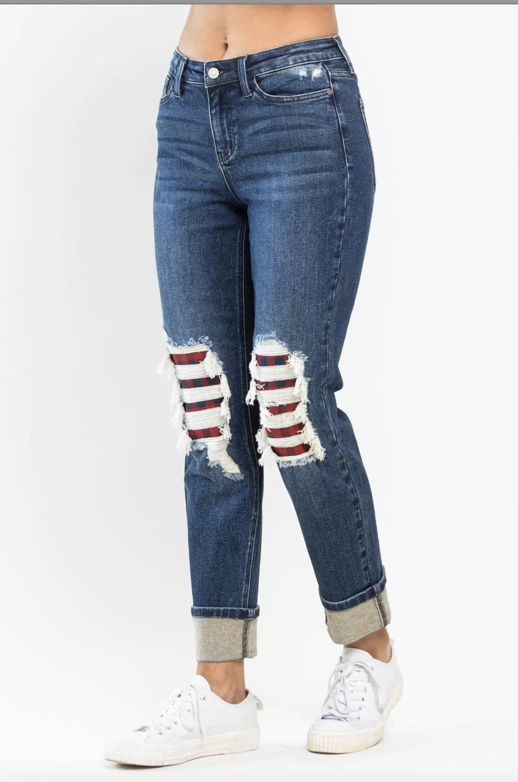 Judy Blue Buffalo Plaid Destroyed Knee Boyfriend Jeans