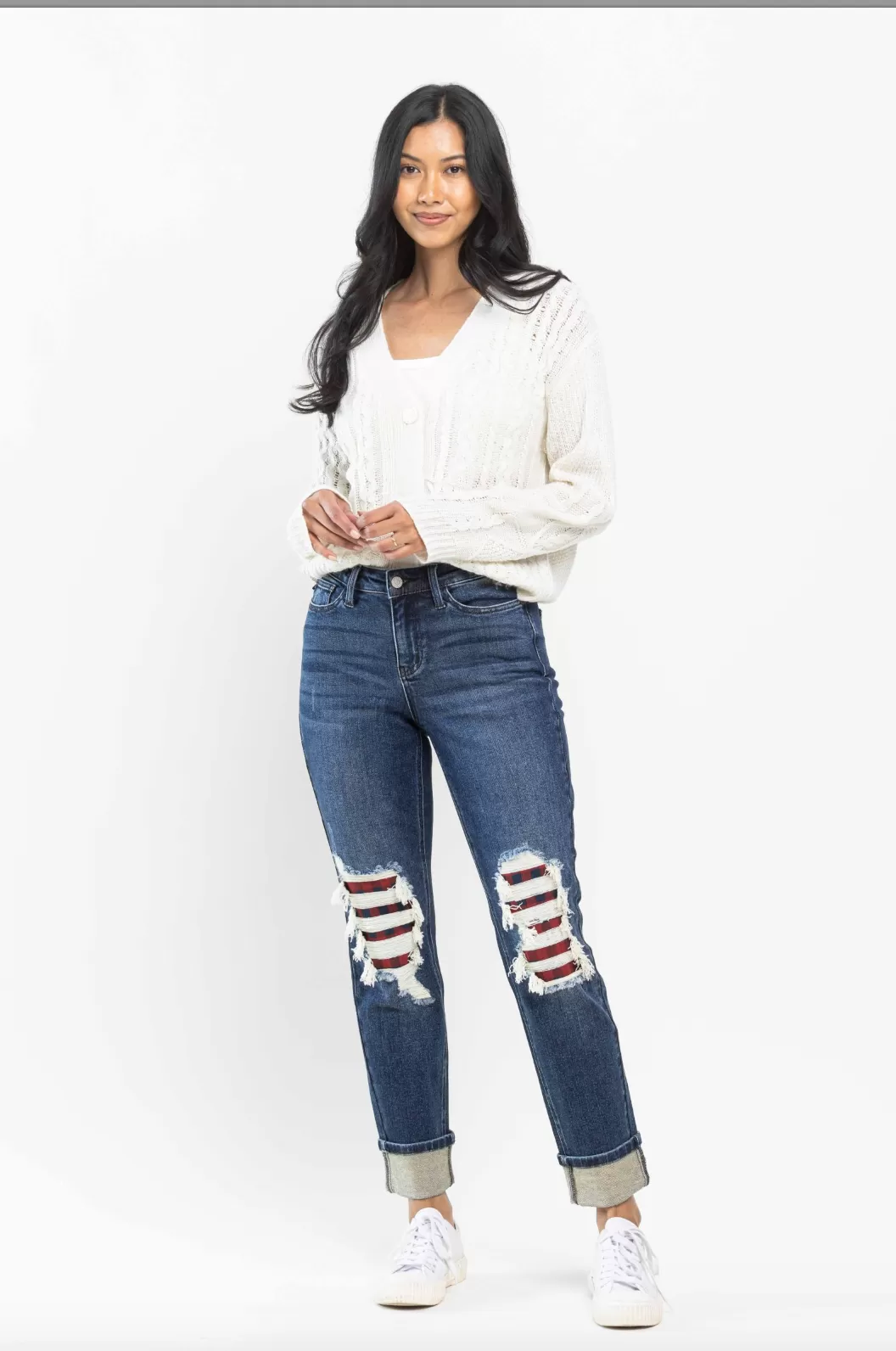 Judy Blue Buffalo Plaid Destroyed Knee Boyfriend Jeans